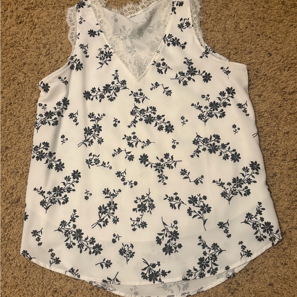 White and Black Floral Lace-Trim V-Neck Tank Top
